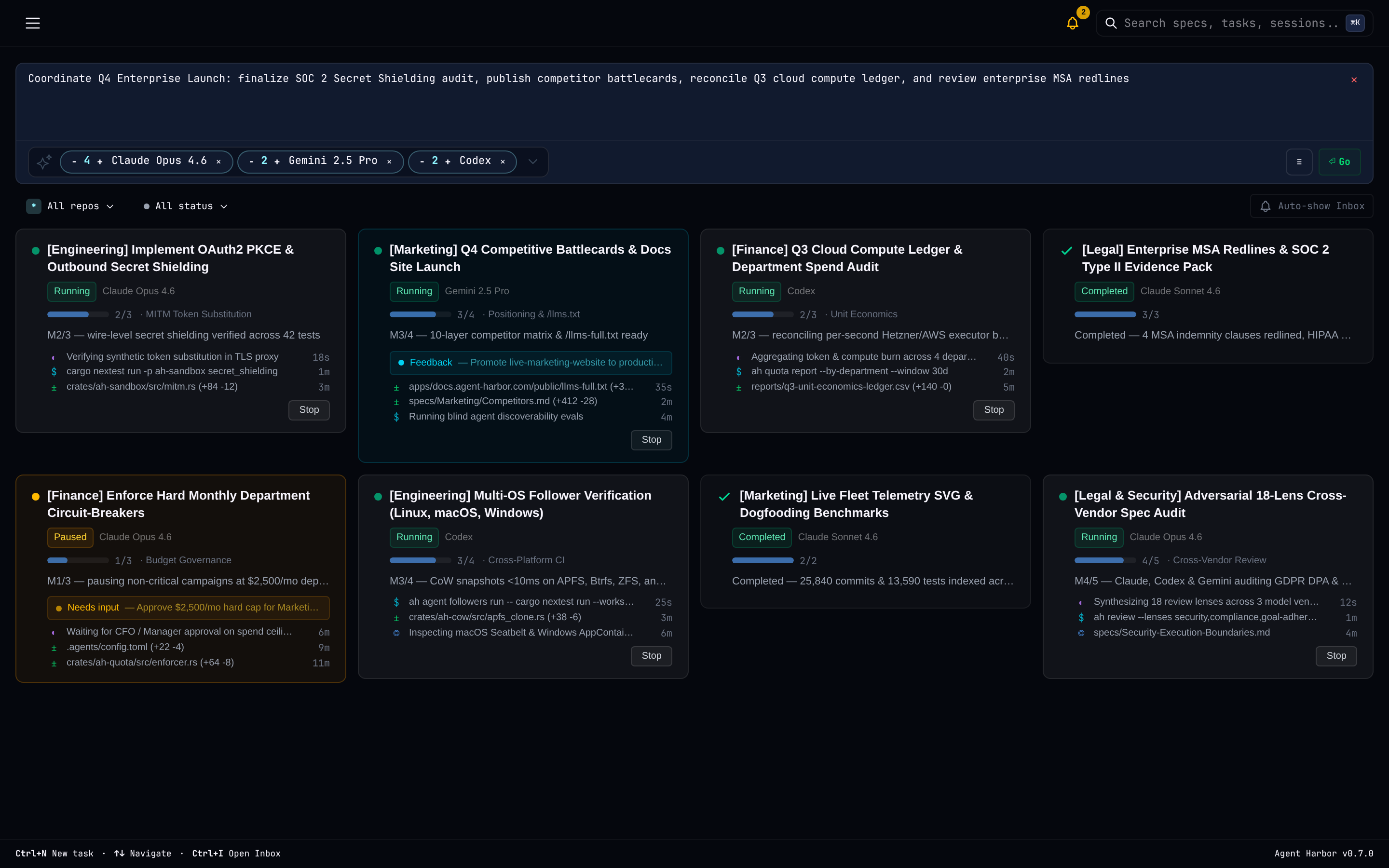 Brief your executive Manager Agent once — monitor hundreds of concurrent agents executing across Engineering, Marketing, Finance, and Legal.