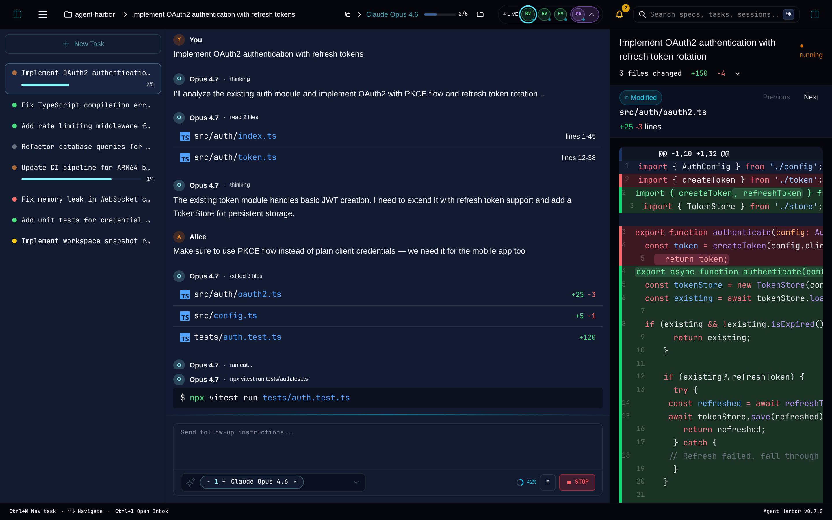 Multi-vendor Reviewer and Manager agents inspecting live diffs and build outputs